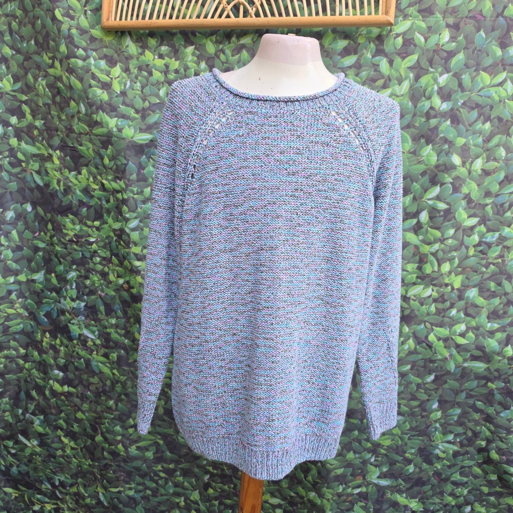 Talbots Petite XL P Marled Knit Sweater Blue Purple Raglan Pointelle Cotton